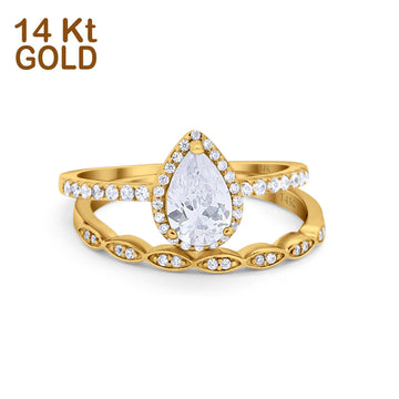 14K Yellow Gold Pear Art Deco Teardrop Bridal Set Ring Band Engagement Piece Simulated CZ Size-7